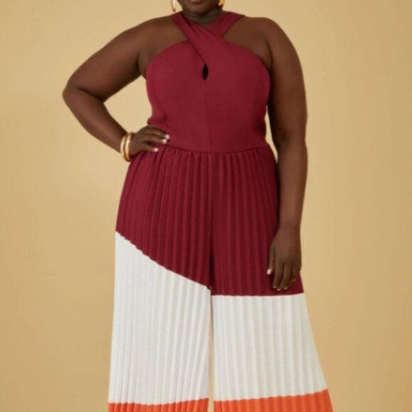 Ashley Stewart  size 30/32 color block jumpsuit red orange and white - Picture 2 of 11